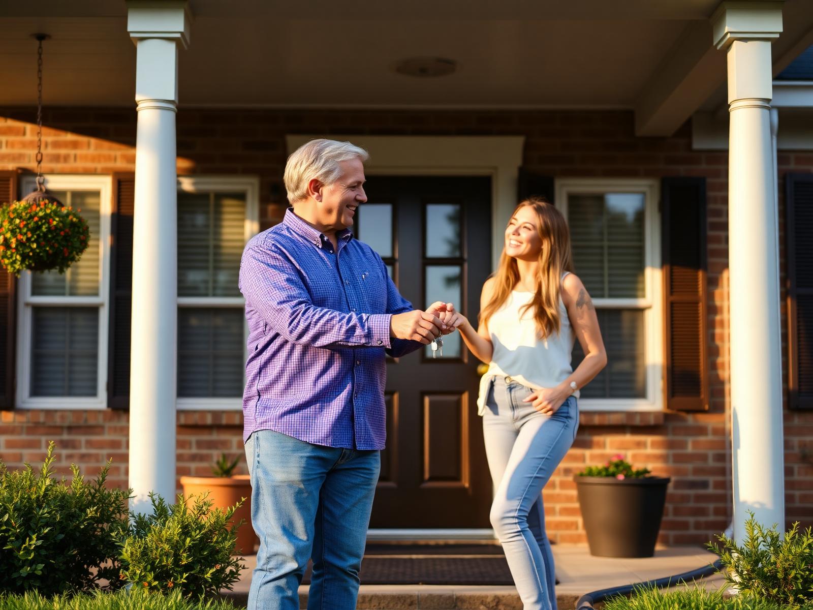 Homeowner handing house keys to a smiling couple on the front porch of a Metro Atlanta home